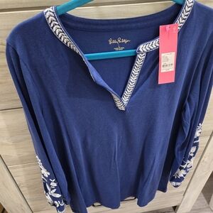 Lilly Pulitzer Navy Top with White Embroidery